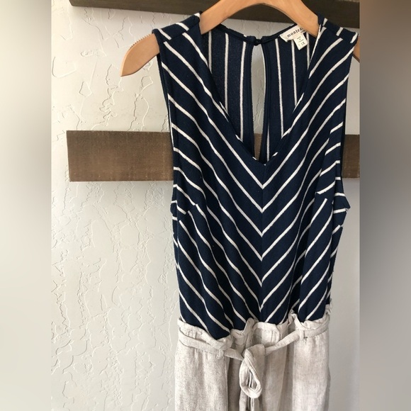 Monteau|Linen blend belted wide leg jumpsuit in Ivory & Stripes•Nautical Beachy - Picture 4 of 16